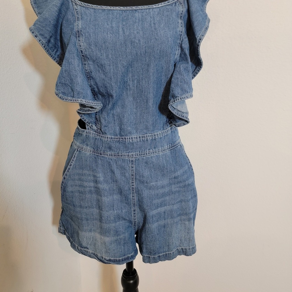 Blue Denim Ruffle Lace Up Back Cut Out Romper Small Wash Boho Festival - Picture 7 of 15